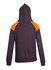 A dark grey hoodie with orange contrast panels on the shoulders and a hood. Features a logo on the back.