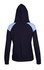 A navy hoodie with light blue contrast panels on the shoulders, featuring a hood and ribbed cuffs.