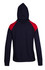 A navy hoodie with red contrast panels on the shoulders and a hood, featuring a logo on the back.