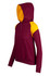 A maroon hoodie with yellow contrast panels on the shoulders, featuring a front pocket and a hood.