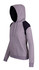 A women's juniors grey hoodie with black contrast panels and a front pocket, featuring an adjustable drawstring hood.