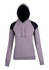 A grey hoodie with black shoulder contrast panels and a drawstring hood, featuring a front pouch pocket and a logo.