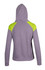 A grey hoodie with black contrast panels on the shoulders and a hood, featuring a logo on the back.