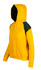 A yellow hoodie featuring dark green contrast panels on the shoulders and kangaroo pocket, with a hood.