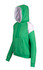 A green women's juniors hoodie with contrast white panels and a front pocket, featuring a hood and long sleeves.