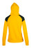 A hooded jumper in bright yellow with contrasting black panels on the shoulders and a fitted silhouette.
