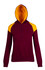 A maroon hoodie with contrasting yellow shoulder panels and a matching hood, featuring a pouch pocket and a logo.