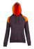 A women's juniors hoodie in dark grey with vibrant orange contrast panels and a front pocket.
