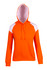 An orange hoodie with white contrast panel details, featuring a front pocket and a hood. It has a logo on it.