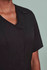 A black women's scrub top with a zip front and crossover design, featuring short sleeves and a logo.