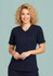 A navy blue women's scrub top with a zip front and crossover design, featuring short sleeves and a fitted style.