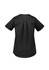 A women's black tunic scrub top with short sleeves and a pleated back design. It features a logo on the fabric.