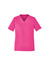 A unisex pink V-neck scrub top featuring short sleeves and multiple pockets.
