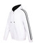 A white hoodie featuring black stripe sleeves, designed with a zip and a hood. It includes a logo on the garment.