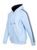 A light blue men's hoodie featuring black striped sleeves and a zip-up front. It has a hood and front pockets.