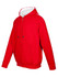 A red unbrushed hoodie featuring stripe sleeves and a front pocket, with a zipper and hood. It has a logo.