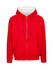 A red unbrushed hoodie featuring white stripe sleeves and a front zipper, complete with a hood and pockets.