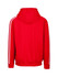 A red unbrushed hoodie featuring white stripe sleeves and a hood, with branding on the back.