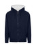 A navy unbrushed hoodie with a white-lined hood, featuring a zipper and front pockets. It has a logo on it.