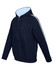 A navy blue hoodie featuring stripe sleeves, a front zipper, and a light blue interior. It has a logo on it.