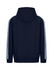 A navy hoodie featuring unbrushed fabric and light blue stripe sleeves. Includes a hood and a logo.