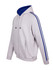 A grey hoodie with a blue interior and striped blue sleeves. Features a zip-up front and pockets.