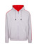 A grey hoodie with red stripe sleeves and a red inner lining, featuring a zipper and two front pockets.