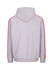 A grey hoodie featuring unbrushed fabric with red stripe accents on the sleeves and a hood. It has a logo.