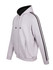 A grey hoodie with black stripe sleeves, featuring a zip front and pockets. It has a logo on the front.