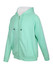 A mint green hoodie with unbrushed fabric and contrasting stripe sleeves, featuring a zipper and a front pocket.