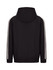 A black hoodie featuring striped sleeves and a hood, with a branding logo.