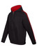 A black hoodie with red stripe details on the sleeves and a red interior, featuring a zip and front pockets.