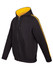 A black hoodie with yellow stripe details on the sleeves and a zip-up front. Features a hood and front pockets.