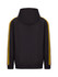A black hoodie featuring yellow stripe detailing on the sleeves and a hood. Includes a logo on the back.