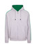 A grey hoodie with green stripe sleeves and a front zipper, featuring a hood and side pockets.