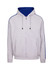 A grey hoodie with a blue stripe along the sleeves, featuring a zip front and hood. Includes a logo.