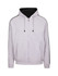 A grey men's hoodie with black stripe sleeves and a zip front, featuring a hood and pockets.