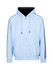 Light blue hoodie featuring black stripe detailing along the sleeves and a front zip. It has a pouch pocket and a hood.