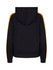 A black hoodie with orange stripe sleeves and a hood, featuring a logo on the back.