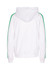A white hoodie with green stripes on the sleeves and a drawstring hood, featuring a logo on the back.