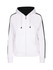 A white zip-up hoodie featuring black stripe sleeves and a hood. It has pockets and a branding logo.