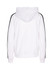 A white hoodie with black stripe sleeves and a hood, featuring a branded logo.