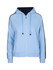 A light blue women's hoodie with stripe sleeves and a front zipper, featuring a hood and pockets.