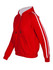 A red hoodie featuring white stripe sleeves and a front pocket, with a zipper and hood. It has a logo on it.