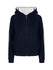A navy hoodie with white stripe sleeves, featuring a front zip and a drawstring hood. It has a logo on the front.