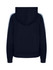 A navy hoodie with light blue striped sleeves and a kangaroo pocket, featuring a hood at the back.