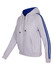 A grey women's hoodie with blue stripe sleeves, featuring a zip front and a hood. It includes a logo on the front.