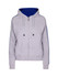 A grey hoodie with blue striped sleeves and a front zipper. Features a hood and pockets, and includes branding.