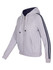A grey women's hoodie with navy stripe sleeves and a front zipper, featuring a hood and pockets.