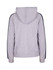 A grey women's hoodie with striped sleeves and a hood, featuring a logo on the back.